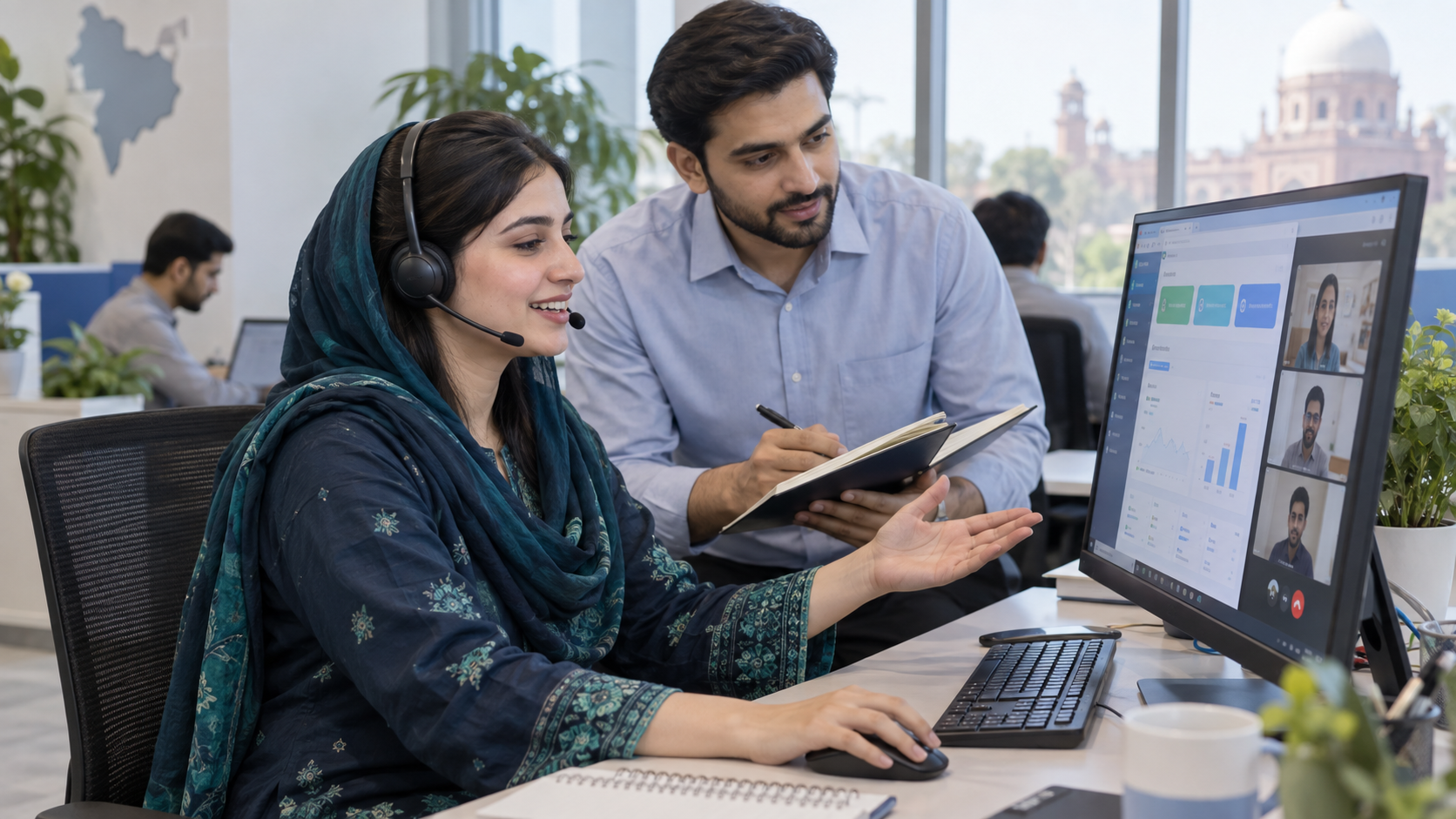 Illustrative Pakistani office colleagues using a headset and computer to conduct an online software demonstration