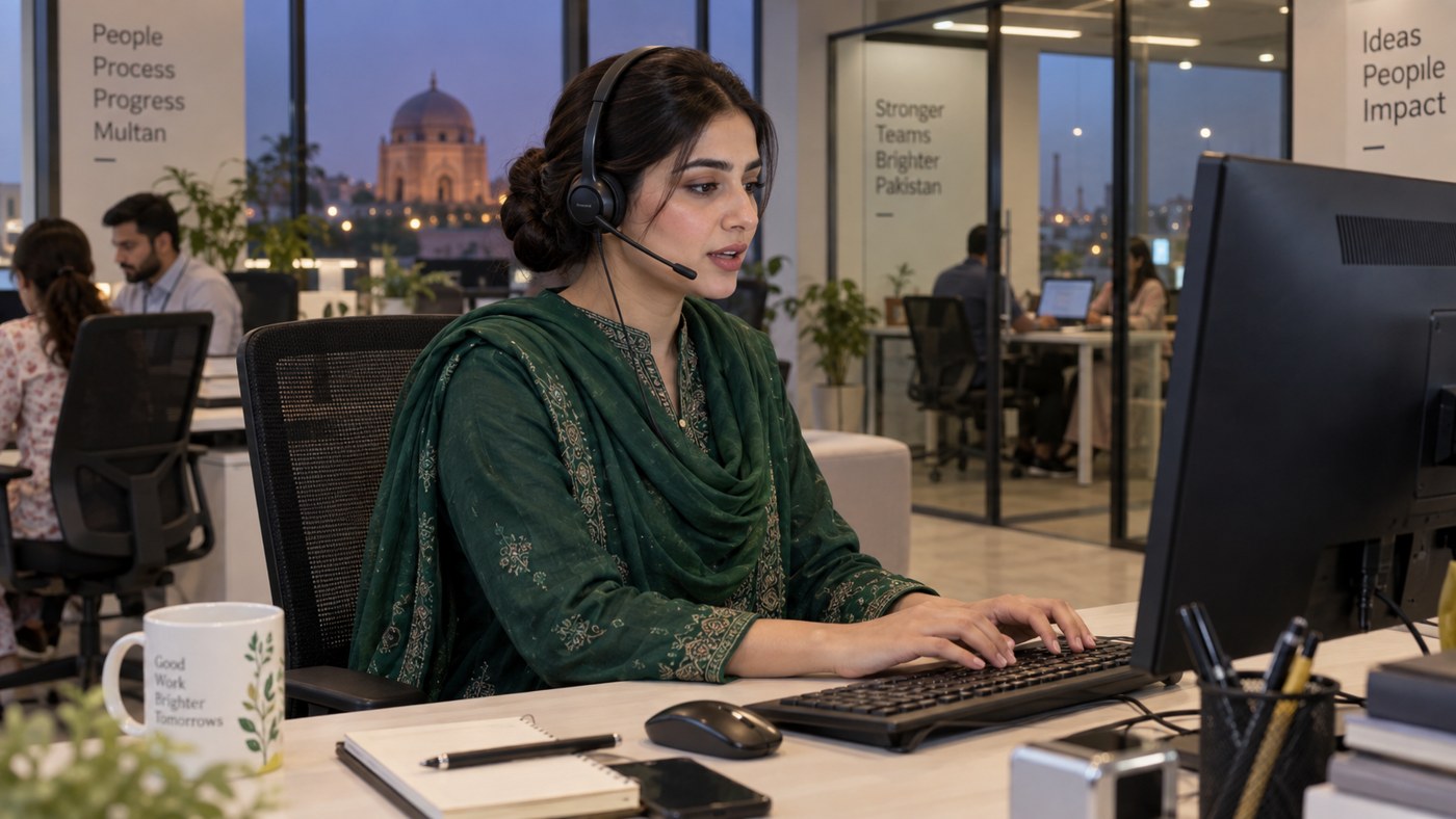 Pakistani executive assistant working with a headset at a computer